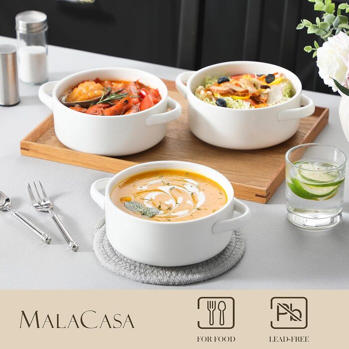 MALACASA Набір супових тарілок з ручками, 800 мл, 4 шт, порцеляна, білий, для французької цибулевої супи, каші та рагу