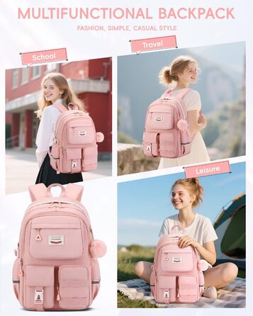 Рожевий шкільний рюкзак для дівчаток Tanou, 9-16 років, великий, водонепроникний, з брелоком