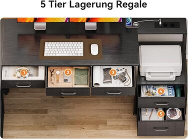 Комп'ютерний стіл Coleshome L-подібний з 5 ящиками та 4 полицями, 180x100 см, з LED-підсвічуванням, розетками та USB, для дому та офісу, білий/чорний