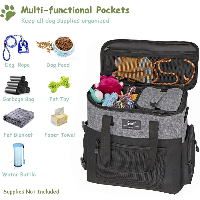 Сумка для собак Wolt: переносна сумка для подорожей з набором мисок та контейнерами, сірого кольору