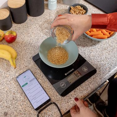 Кухонні ваги Silvergear® Digital з підключенням до App до 5 кг | Електронні кухонні ваги з функцією тарування | Цифрові ваги з підрахунком калорій | Точне вимірювання до 0,1 г | Підсвічений LCD-дисплей | Чорний