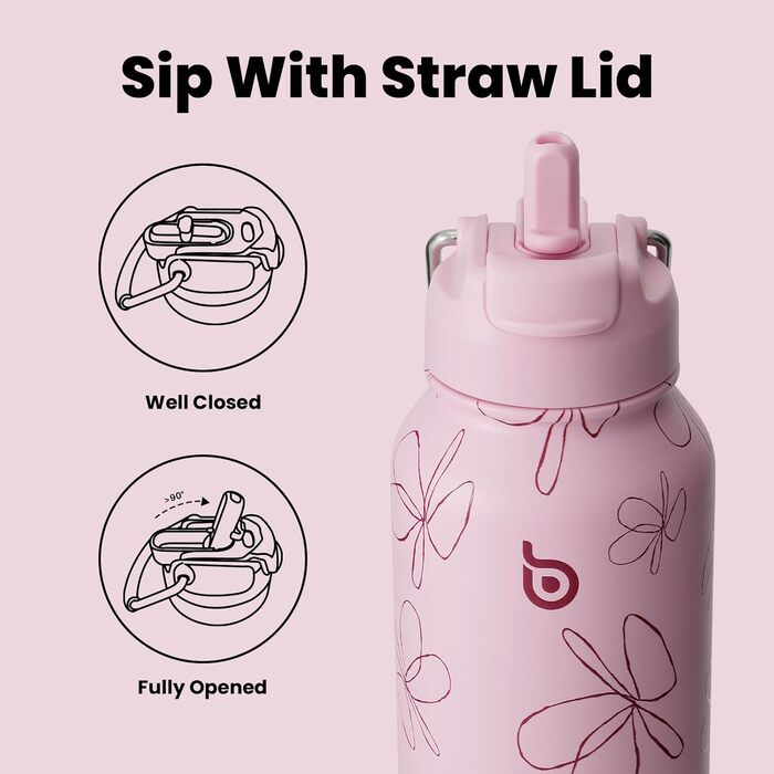 BOTTLE BOTTLE Stainless Steel Water Bottle 1L with Straw – Leak-Proof Insulated Bottle for Sports & Gym, with Pill Compartment, BPA-Free, Double-Walled (Pink Flowers)