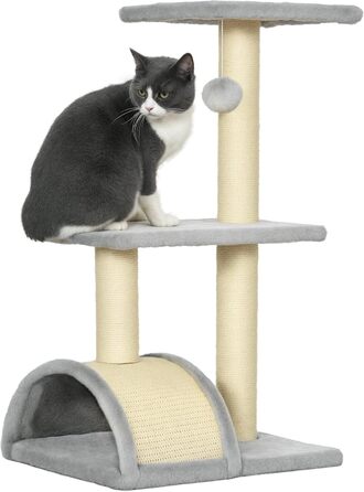 Котячий будиночок PawHut: невеликий когтетоп з 2 рівнями, іграшкою та будиночком, сірий, 40x35x72 см