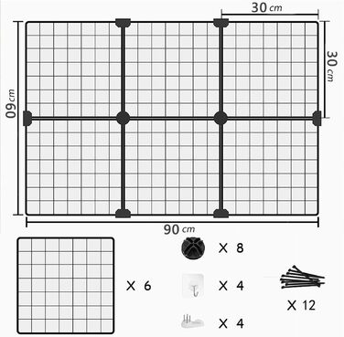 Ворота для сходищ, огорожі для домашніх тварин, ворота для собак, дротяні ворота, загородження для собак, портативне собаче вольєр для маленьких собак з сіткою (90 x 60 см) (6 шт.)