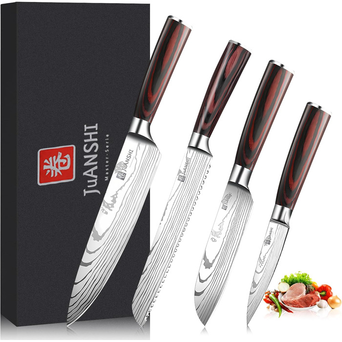 JUANSHI® 4-Piece Knife Set – Professional Kitchen Knife Set made of high-quality stainless steel, sharp blades, including Santoku, Chef's Knife, Bread Knife, and Utility Knife, perfect kitchen accessory