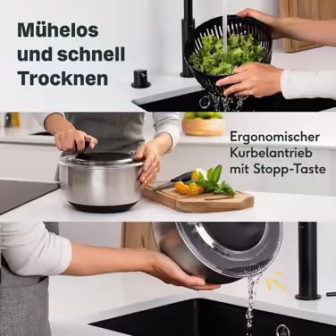 Stainless Steel Salad Spinner 4.5L Large & Non-Slip Bottom - Salad Spinner with Crank Mechanism & Stop Button - BPA-Free & Dishwasher Safe