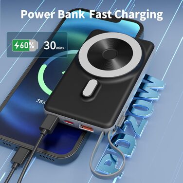 Powerbank MagSafe 20000mAh з PD 20W, USB-A, магнітним з'єднанням, інтегрованими кабелями, бездротовою зарядкою 15W, цифровим дисплеєм, сірий колір