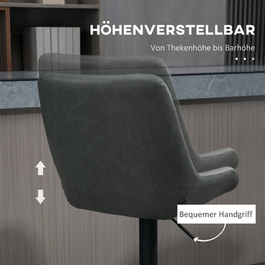 HOMCOM 2-Piece Adjustable Height Bar Stool Set with Backrest, Faux Leather Dark Grey for Bar and Kitchen