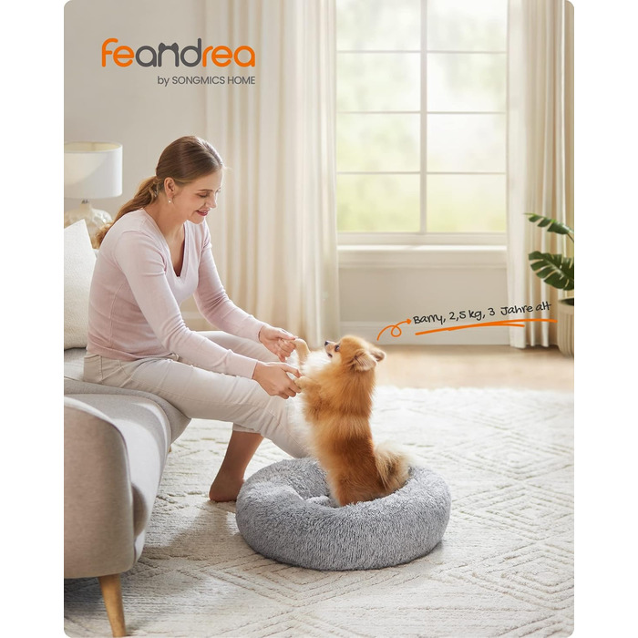 Кругле ліжко для собак та котів Feandrea з м'яким плюшем, діаметр 60 см, сірий колір, знімний наповнювач, 60 x 60 x 20 см