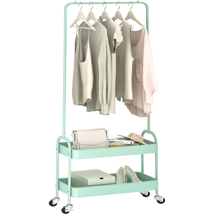 Clothes Rack Coat Stand, Clothes Rail Wheels, Bedroom Clothes Rack, Freestanding Shelf Cart 2 Tier Storage Shelf, Heavy-Duty Rolling Cart Utility Cart Green, WK830503-GN