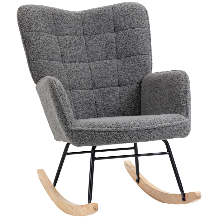 HOMCOM Rocking Chair, Rocking Armchair with Berber Fleece Look, Armrests, Padded Chair with Wooden Runners, Reclining Chair for Living Room, Bedroom, Holds up to 120kg, Dark Grey | Aosom