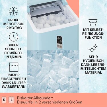 Klarstein Ice Cube Machine Small, Fast Ice Cube Maker, Self-Cleaning Ice Cube Maker, Ice Cube Device for Large and Small Ice Cubes, with Ice Cube Container, 12kg/24h, Capacity 1.5 L (Blue)