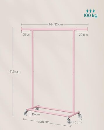 SONGMICS Стійка для одягу на коліщатках, важка, висувна штанга, до 100 кг, рожева HSR013R01, 92-132 см