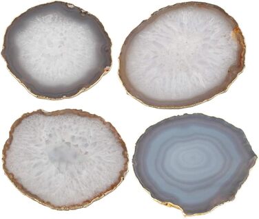 mookaitedecor Polished Natural Geode Agate Slices Coasters Set (2 Pieces), Decorative Stone Coasters for Glasses, Cups, Vases, Candles, Serving Plates, Name Cards for Wedding (Natural Color-Gold Accented Edge)