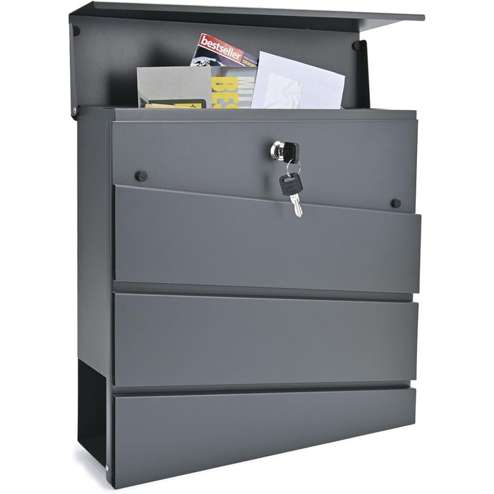 Поштова скринька Verda Anthrazit з газетницею, порошкове покриття AkzoNobel, 2 ключі, табличка з ім'ям, персоналізована, дизайнерська настінна, нержавіюча сталь (Sn3645-1)