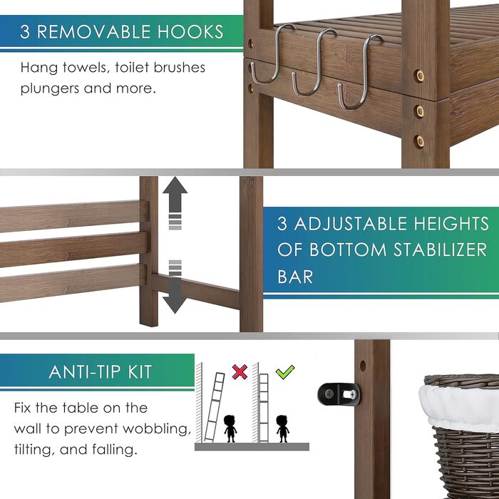 SMIBUY Toilet Shelf, Bamboo Toilet Rack, Adjustable Washing Machine Shelf, Bathroom Shelf with 3 Storage Shelves, Space-Saving, Easy to Assemble (Walnut)