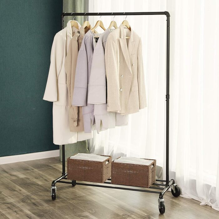 SONGMICS Clothes Rack, Garment Rod, with Wheels, Load Capacity up to 90 kg, Coat Rack with 1 Garment Rod and Shelf, Industrial Design, for Bedroom, Laundry Room, Black HSR61BK