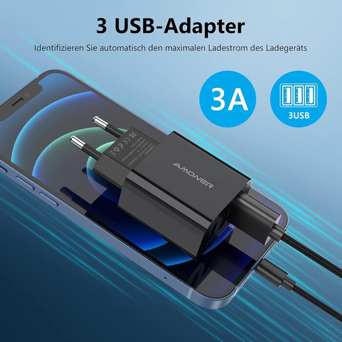 Мережевий адаптер Amoner USB 3-портовий 15W, 2 шт. для iPhone 14/13/12/11/X/8 та інших пристроїв, чорний