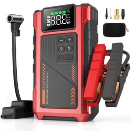 Powerbank для автомобіля з компресором 150 PSI та пусковим струмом 6000A (до 9.0л бензин/7.5л дизель), Jump Starter 12V з LCD дисплеєм, LED ліхтарик, червоний
