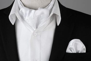 HISDERN Шовковий краватко-шарф чоловічий Paisley для весілля, Ascot, краватка-хустинка, білий, універсальний розмір. Комплект з кишеньковим хустинкою для бізнесу.