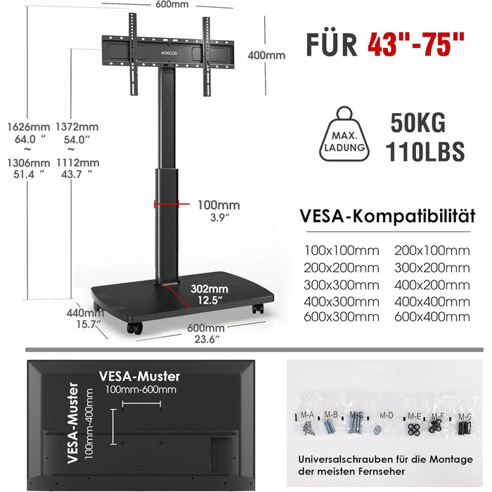 AOKCOS Rolling TV Stand with Shelf - Adjustable Height & Swivel - Fits 43-75 inch TVs (up to 50kg) - VESA 600x400mm - White & Natural Wood Finish