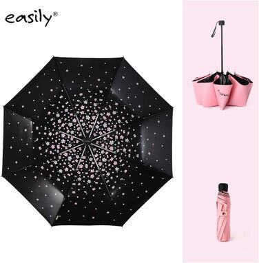 Зонт компактний, складаний, з UV-захистом, від Voy Lady – Рожевий, з квітковим малюнком (квіти сакури), діаметр у розкладеному стані 96 см