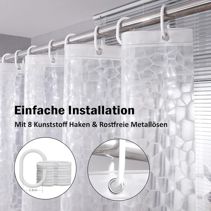 Прозорий душовий завіс AooHome 180x200 см з 5 магнітами, антигрибковий, водовідштовхувальний, з 12 кільцями, шестикутний малюнок для ванни та душу