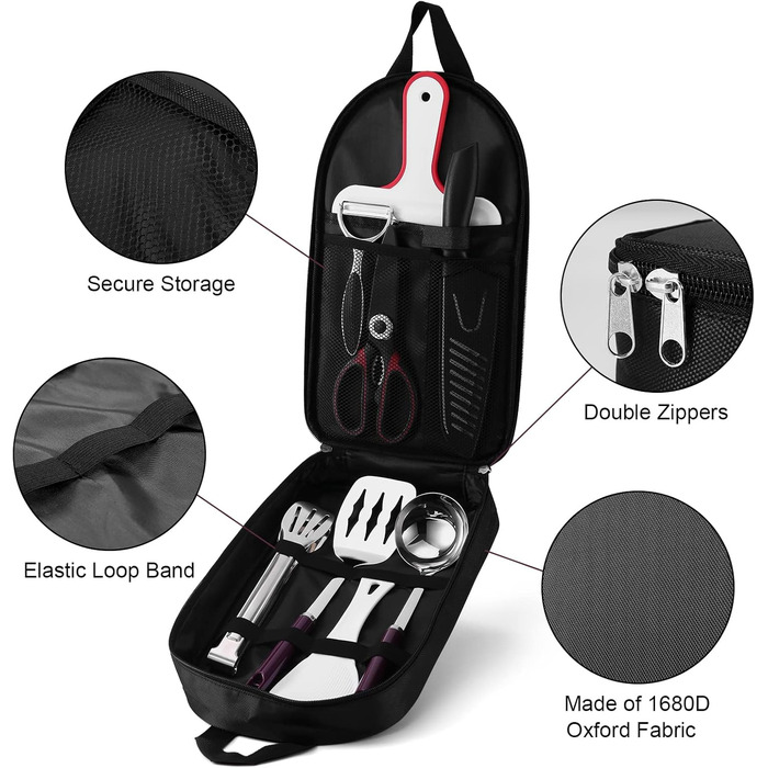 Odoland Kitchen Helper Set, Kitchen Gadget Set, Outdoor Cookware Set with Santoku Knife, Kitchen Scissors, Spatula, Tongs, Ladle, Cutting Boards - Ideal for Picnics, Travel, Hiking, and Gardening