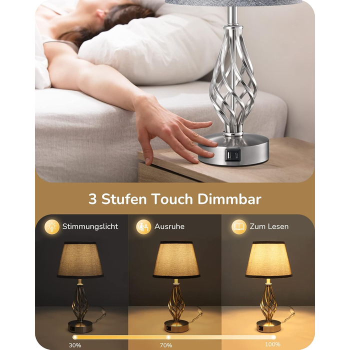 LED-лампа на тумбочку EDISHINE, 2 шт. в наборі, торшери з USB, диммування, сірий абажур, для спальні, вітальні, подарунок