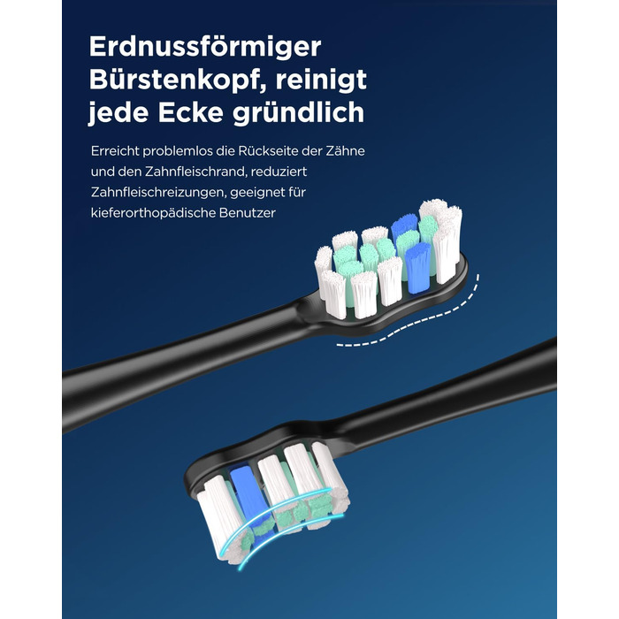 Електрична звукова зубна щітка для дорослих та дітей, 5 режимів чищення, 3 рівні інтенсивності, таймер, 8 насадок, чохол для подорожей, акумуляторна, чорний Obsidianschwarz