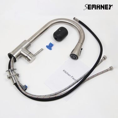 Чорний кухонний змішувач SEMANEY з витяжною лійкою, 3 функції, поворотний на 360°, з нержавіючої сталі (щіткова обробка)