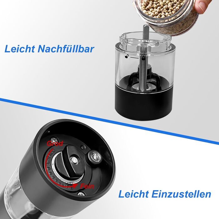 Електричні мельниці для солі та перцю 2 шт. з LED-підсвічуванням, регульована ступінь помелу, чорний колір