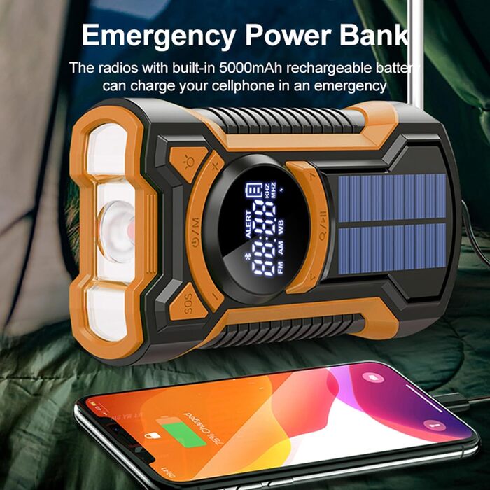 Радіо на сонячній батареї з ручкою, 5000mAh, Bluetooth, USB, FM/AM, SOS-сигнал, ліхтарик, IPX5, для кемпінгу та надзвичайних ситуацій