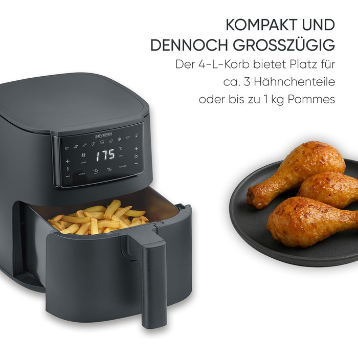 Фритюрниця Severin FryLight FR 2461: безжирова кулінарія, 1300W, 4L, чорний колір, 8 програм, Touch-Display, Warmhaltefunktion