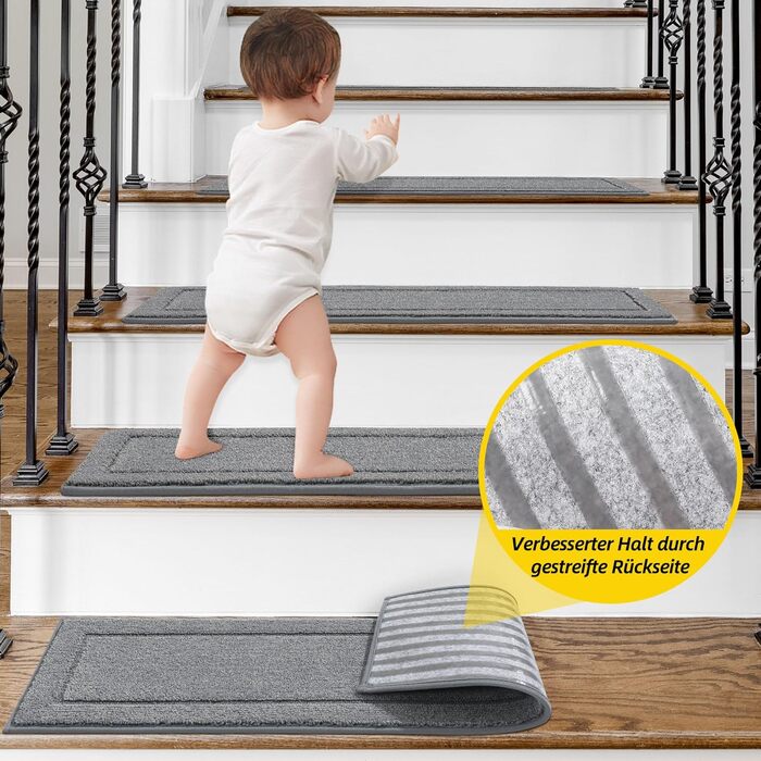 Килимок для сходів JSEI, антиковзкий, набір з 4 шт., 20.3 x 76.2 см, 100% поліестер, TPE-підкладка, сірий