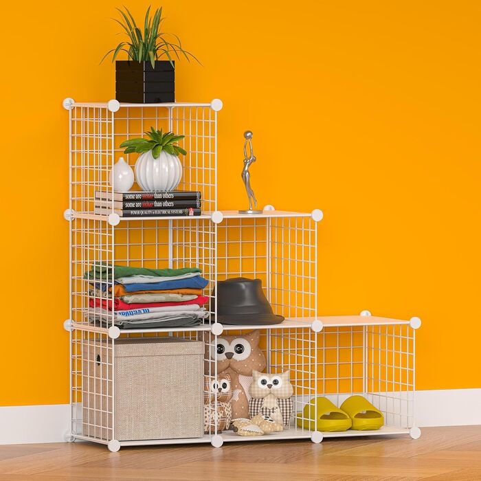 TUMUCUTE Storage Shelf with 9 Cubes, Plastic, Closet, Modular, Bookshelf, Storage Shelves for Bedroom, Living Room, Office, (White Plastic-Iron, 6 Cubes)