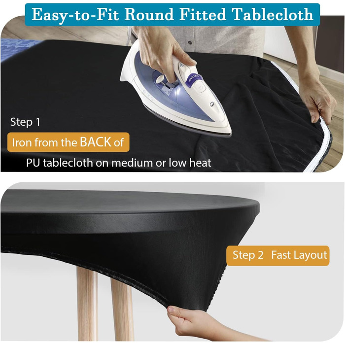 Rinpon Double Fitted PU Round Tablecloth, Anti-Tear Wipeable Elastic, Soft-Touch, Waterproof, Oil-Resistant (Black, 45