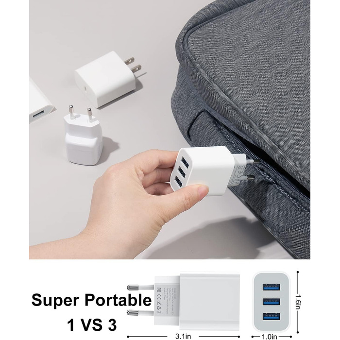 Мережевий адаптер Amoner з USB 3-портом, 15W x 2, для iPhone 14/13/12/11/X/8 та інших пристроїв