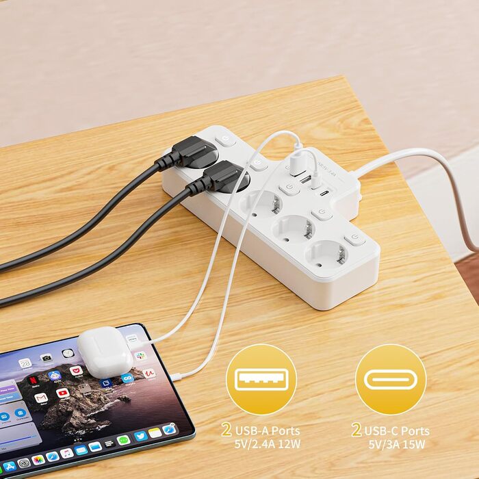 Багатофункціональна мережа розгалужувач з USB та вимикачем, 5 розеток, 2м кабель, кутова розетка, чорний колір, для кухні, з індивідуальним вимикачем, для столу, настінний монтаж