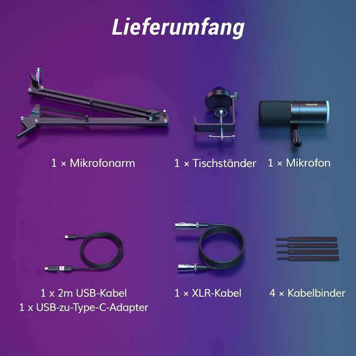 Мікрофон TONOR TD510+ для стримінгу, студії та запису. XLR/USB, динамічний, з регульованою ніжкою та RGB підсвічуванням. Чорний колір