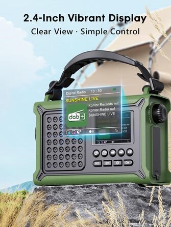 ROCAM Портативне радіо DAB+ з Bluetooth, 12000mAh, радіо з ручкою, сонячна панель 8500мм², 650mA, DAB/UKW, 2.4' дисплей, 80 станцій, LED ліхтарик, USB, SOS, IPX6, для надзвичайних ситуацій, зелене