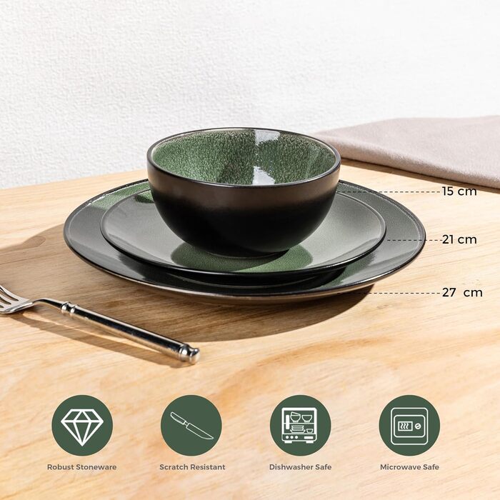 Набір посуду GBhome з реактивної глазурі для 6 осіб (18 предметів), ручна робота, кераміка, безпечний для мікрохвильовки та посудомийної машини, набір тарілок та мисок