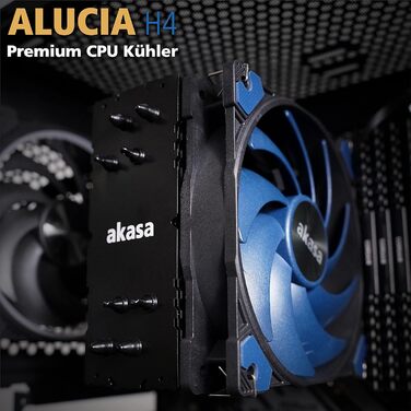 Система охолодження CPU Akasa Alucia H4 з вентилятором 120мм PWM, 4 теплові трубки, 185W TDP, для Intel LGA 2066, 2011, 1151, 1155, 1150, 1200, AMD AM4 AM5 Ryzen