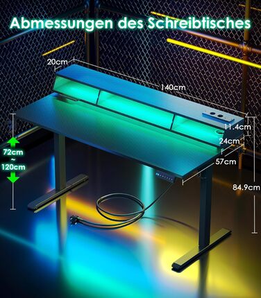 Офісний стіл для геймінгу OffiGo, 140 см, регулювання висоти, RGB LED, розетки, 3 стійкі місця для зберігання, тримач для напоїв та навушників, стільниця з карбонової поверхні (білий/чорний)
