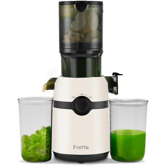 Fretta Slow Juicer with 108mm Opening & 1L Capacity, Juicer for Vegetables and Fruits - Test Winner, 200W Electric Juice Press with Cold Press, Easy Cleaning and Quiet Motor, BPA-free (White, 1L) 1L White
