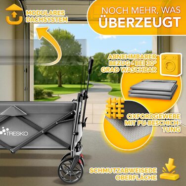 Трьохколісний візок TRESKO® Bollerwagen з дахом, кишенькою-холодильником та боковими шторками | Вантажопідйомність до 150 кг | З повного гумового покриття коліс та гальмами (передніми та задніми) та 3-точковим ременем безпеки (зелений, сірий)