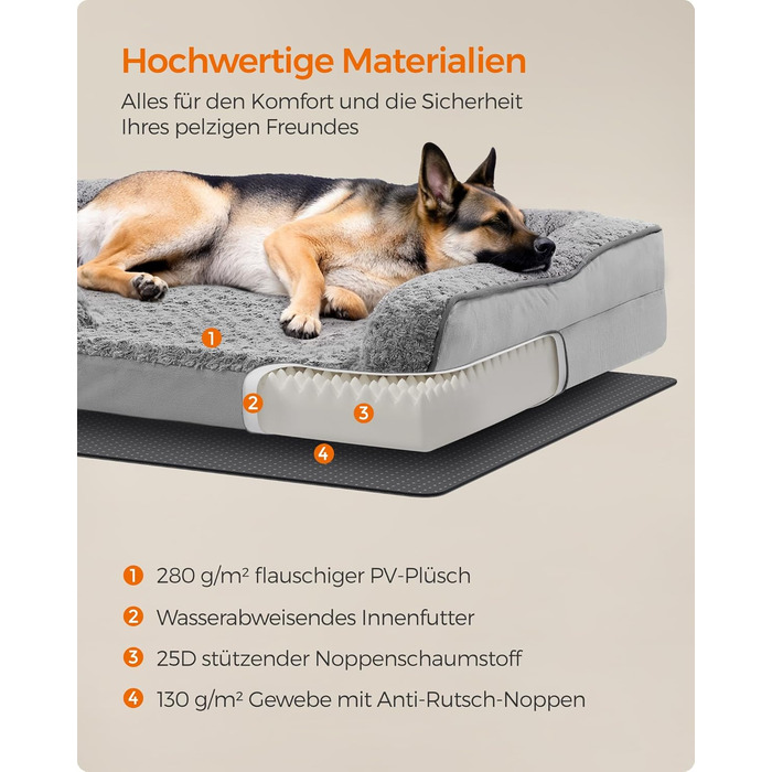 Ортопедичне собаче ліжко Feandrea для великих собак, вологостійке, знімний плюшевий чохол, 122 x 85 x 16 см, сірий (XXL)