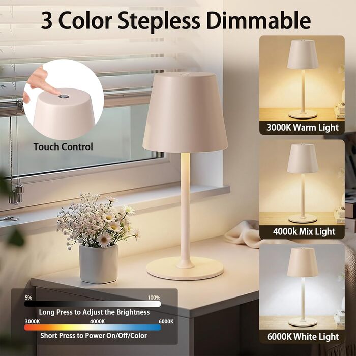 Настільна лампа бездротова LED акумуляторна рожево-бежева для дому та вулиці, диммується, металева IP54