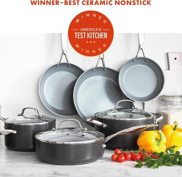 GreenPan Valencia Pro Thermolon Healthy Ceramic Non-Stick 11-Piece Cookware Set, Pots and Pans, PFAS-Free, Including Frypans, Saute Pans, Induction, Dishwasher Safe, Oven Safe, Grey Cookware Set 11-Piece