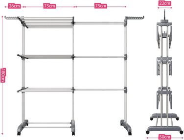 Сушарка для білизни 3-ярусна, турбо-тип, 75-200 см, висувна, з 2 обертовими крилами, висота 180 см, економна, на колесах, для квартири, балкону та саду (сіра)